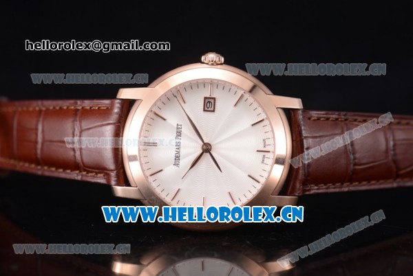 Audemars Piguet Jules Audemars Clone AP Calibre 3120 Automatic Rose Gold Case with White Dial Stick Markers and Brown Leather Strap (EF) - Click Image to Close